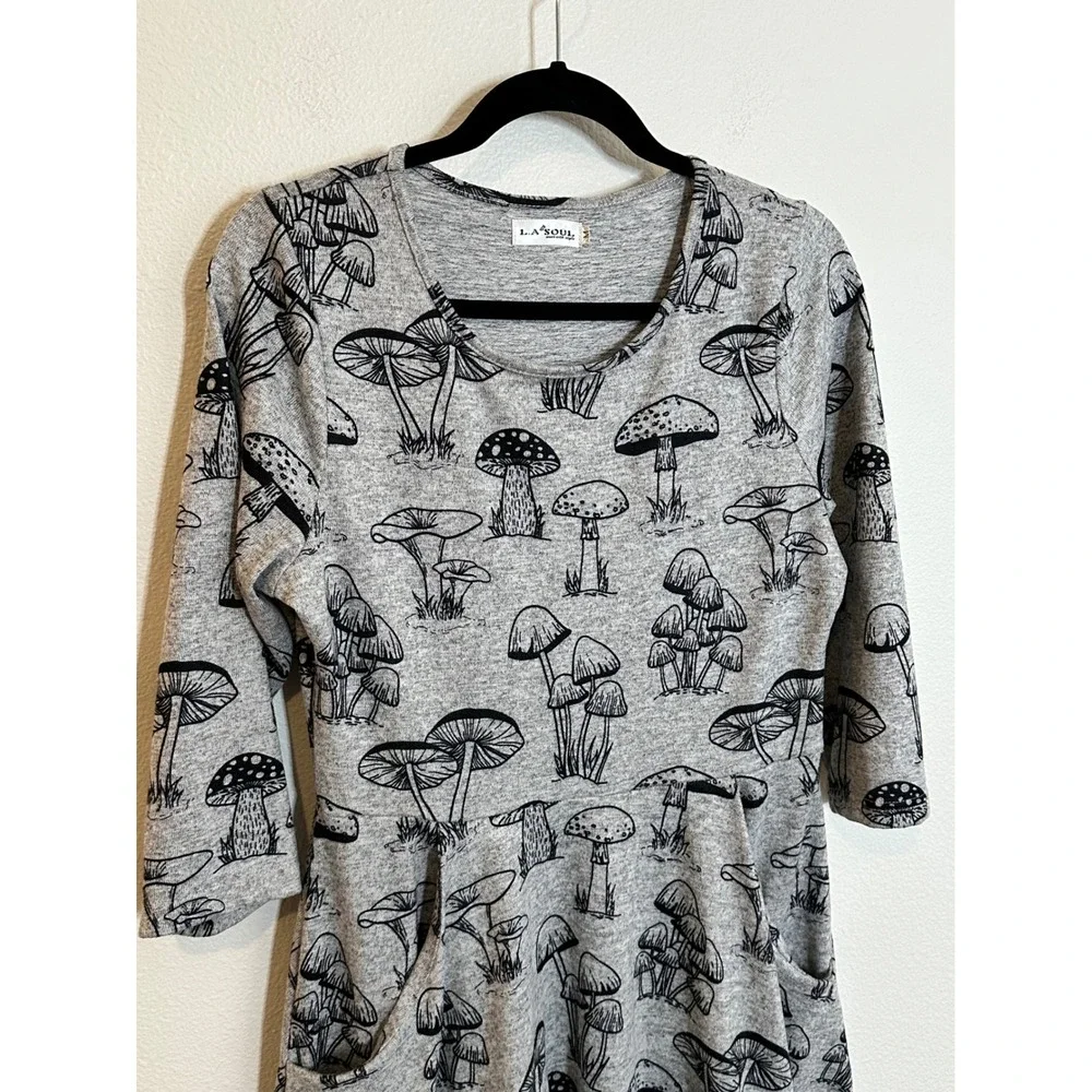 LA Soul‎ Knit Fit & Flare Dress Size M Gray Black Botanical 3/4 Sleeve Pockets - Picture 4 of 10